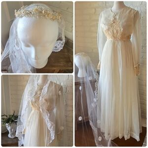 Vtg 70s Cream Lace Wedding Gown + Flower Crown Veil, Xs, Victorian Revival